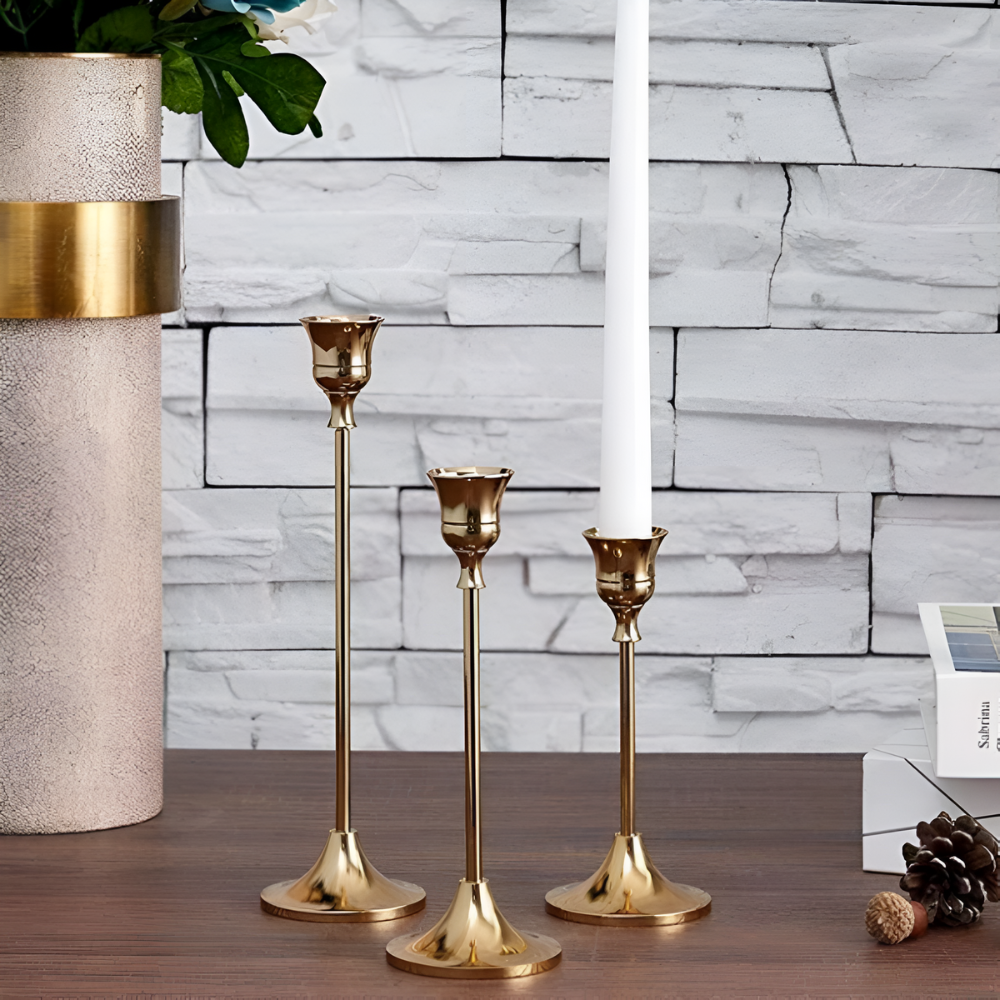 Vintage Gold Taper Candle Holders | Set of 3