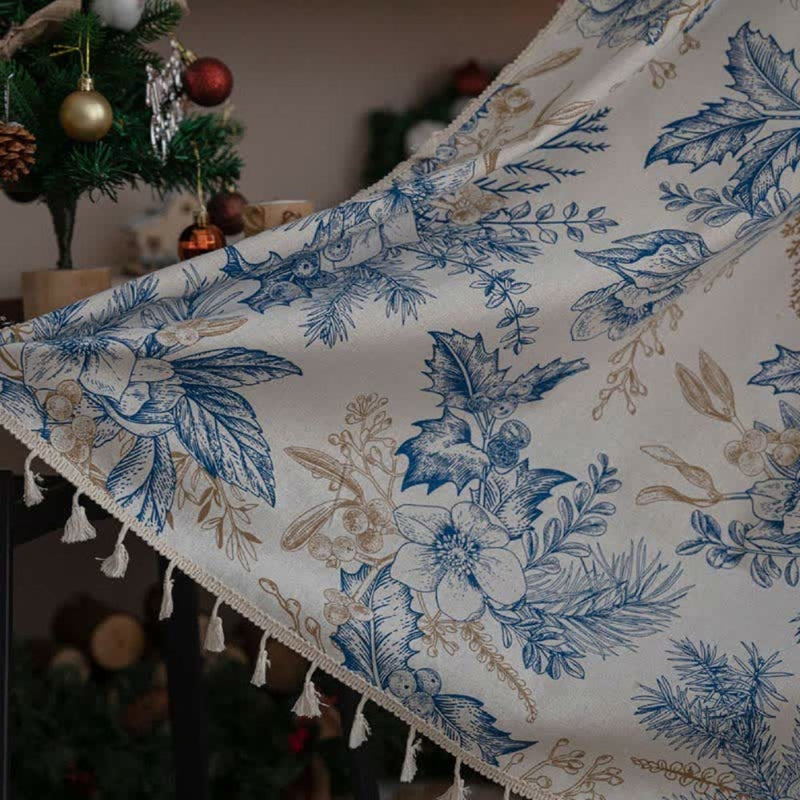 Farmhouse Botanical Blue Floral Curtain | Cotton-Linen, Semi-Blackout