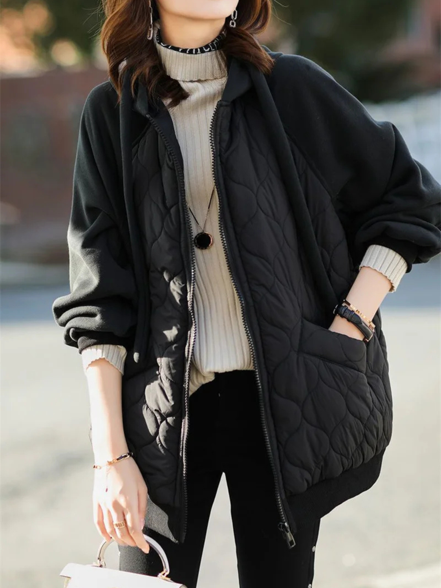Mabel Women's Quilted Hoodie - shown in use
