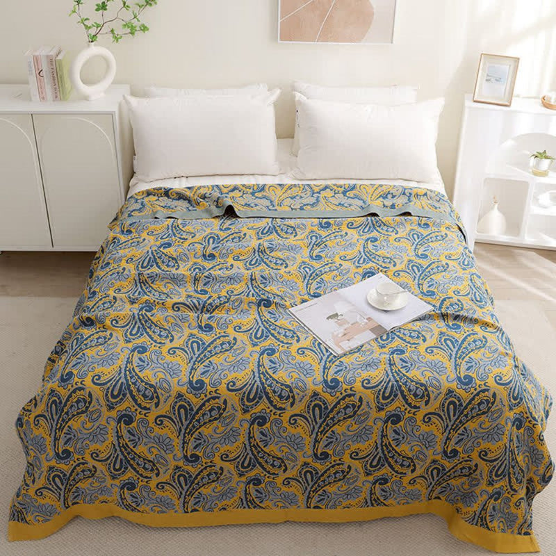 Ash Azure Golden Retro Cotton Blanket | Cotton, Year-Round