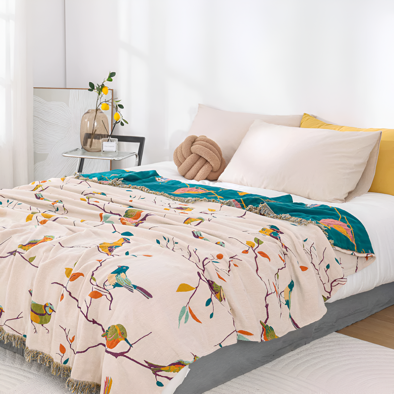 Fable Whimsical Bird Tassel Cotton Blanket | Cotton, Tassel Trim