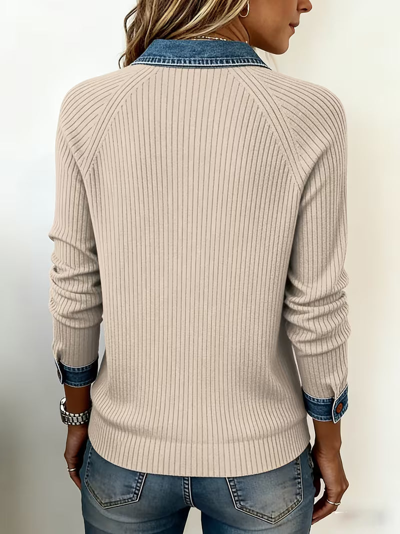 Ines Women's Ribbed Knit Knit Polo - close-up detail