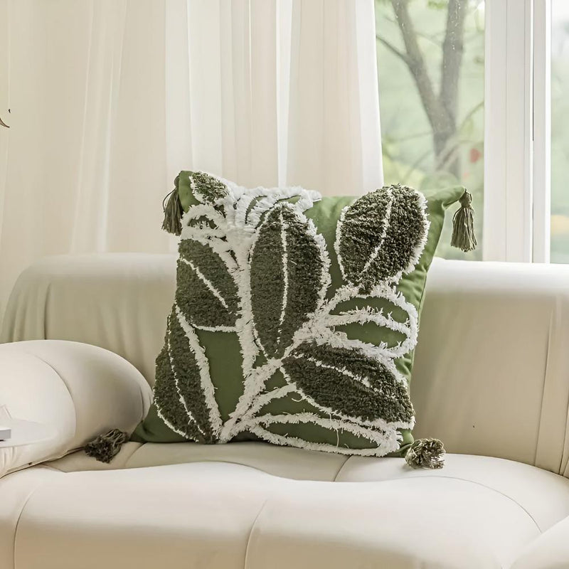 Bay Plush Leaf With Tassel Cushion Cover | Tassel Trim, Plush