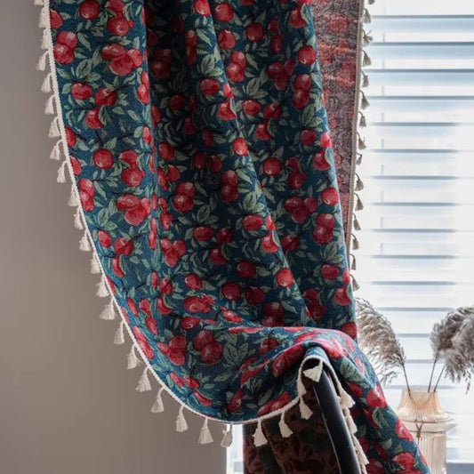 Cherry Bloom Botanical Tassel Curtain | Vintage Print, Semi-Blackout