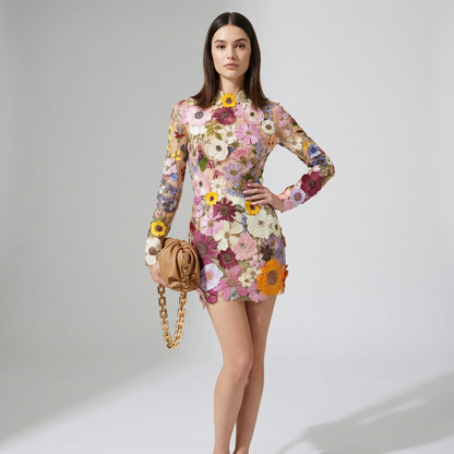 Aura Women's Mini Dress | Embroidered Floral Appliqués, Long Sleeves