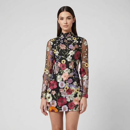 Aura Women's Mini Dress | Embroidered Floral Appliqués, Long Sleeves