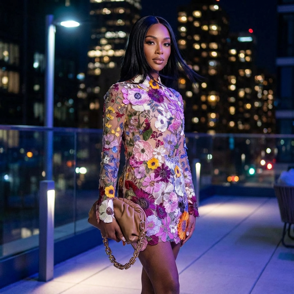 Aura Women's Mini Dress | Embroidered Floral Appliqués, Long Sleeves