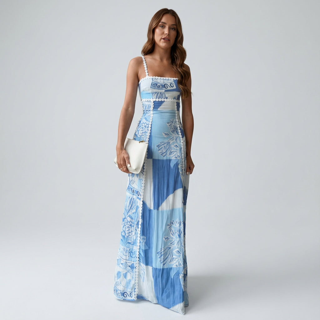 Robe Maxi Femme Marina | Imprimé Patchwork Bleu, Bretelles à Bordure Festonnée