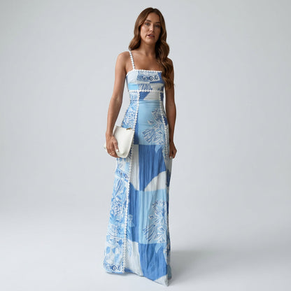 Robe Maxi Femme Marina | Imprimé Patchwork Bleu, Bretelles à Bordure Festonnée