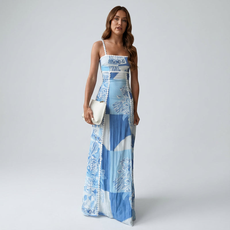 Robe Maxi Femme Marina | Imprimé Patchwork Bleu, Bretelles à Bordure Festonnée