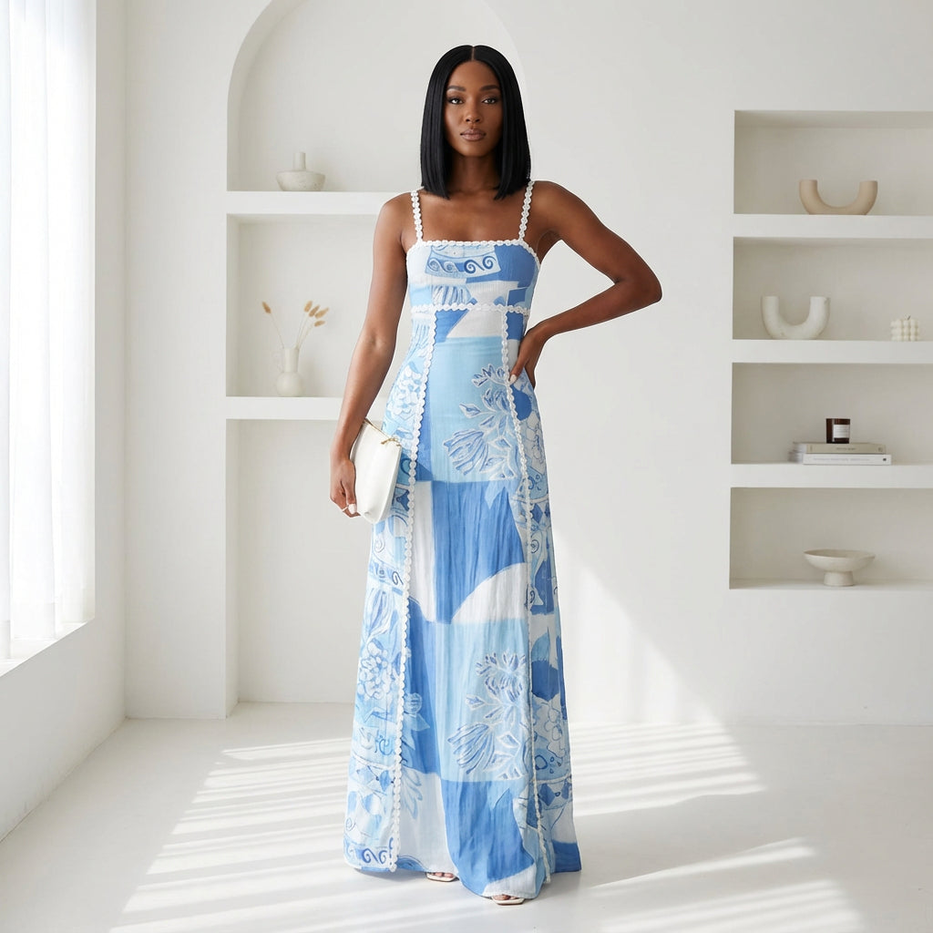 Robe Maxi Femme Marina | Imprimé Patchwork Bleu, Bretelles à Bordure Festonnée