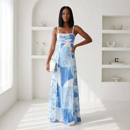 Robe Maxi Femme Marina | Imprimé Patchwork Bleu, Bretelles à Bordure Festonnée