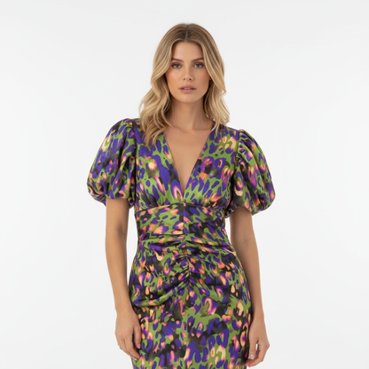 Bella Women's Midi Dress | Elegant Satin, Puff Sleeve, Summer Dress