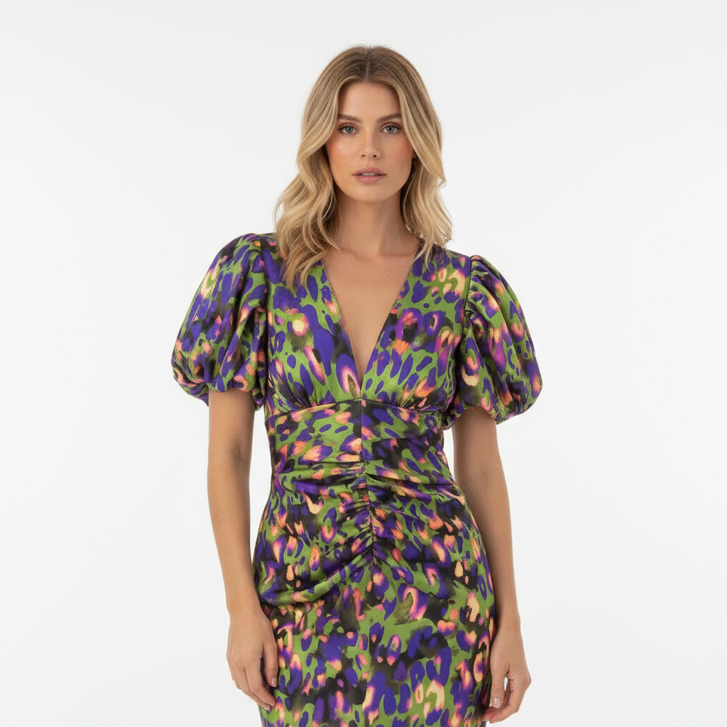 Robe midi pour femmes Cosette | Satin élégant, manches bouffantes, robe d'été