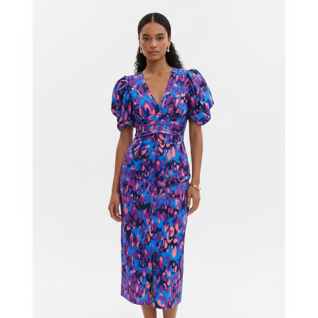 Bella Women's Midi Dress | Elegant Satin, Puff Sleeve, Summer Dress