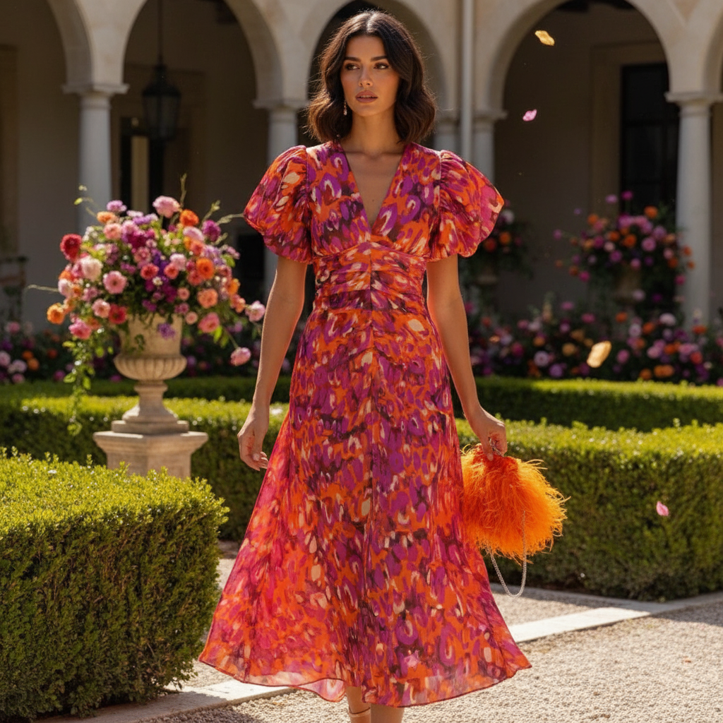 Robe midi pour femmes Cosette | Satin élégant, manches bouffantes, robe d'été