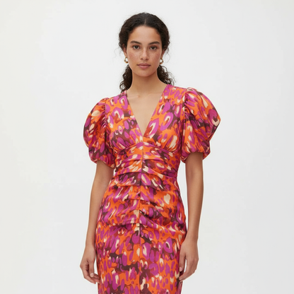 Bella Women's Midi Dress | Elegant Satin, Puff Sleeve, Summer Dress