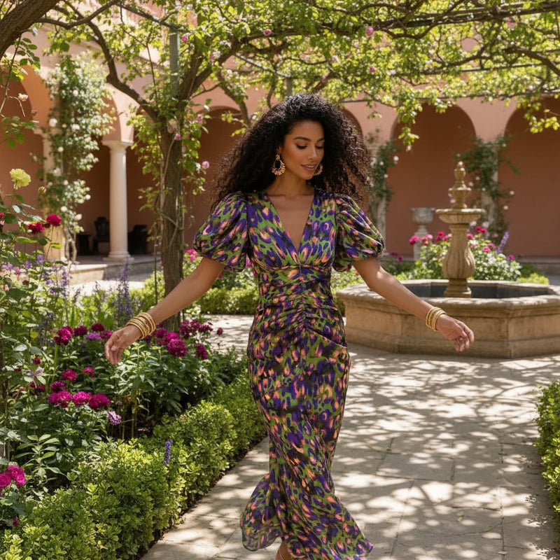 Bella Women's Midi Dress | Elegant Satin, Puff Sleeve, Summer Dress