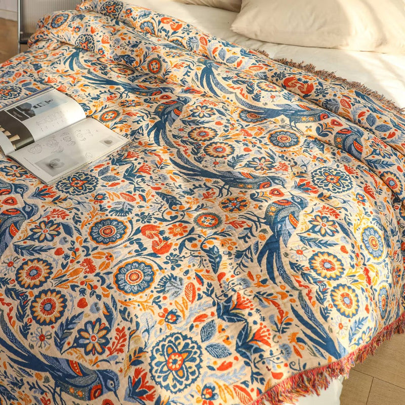 Bird Floral Design Cotton Throw Blanket
