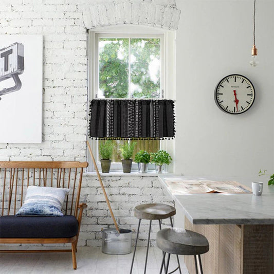 Black Geometric Tribal Tassel Cabinet Curtain | Linen, Rod Pocket