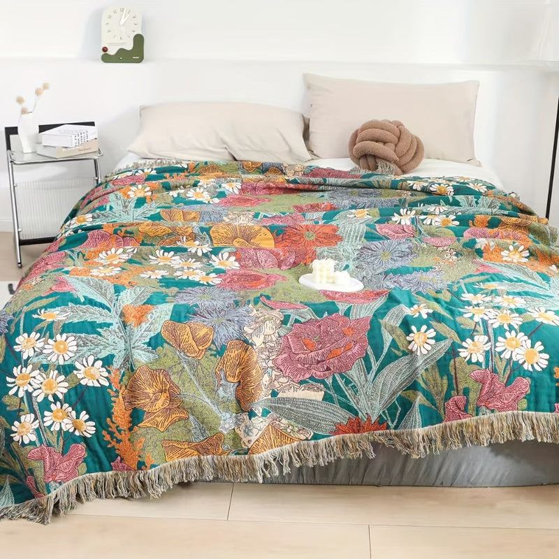 Bohemian Floral Patchwork Tassel Blanket