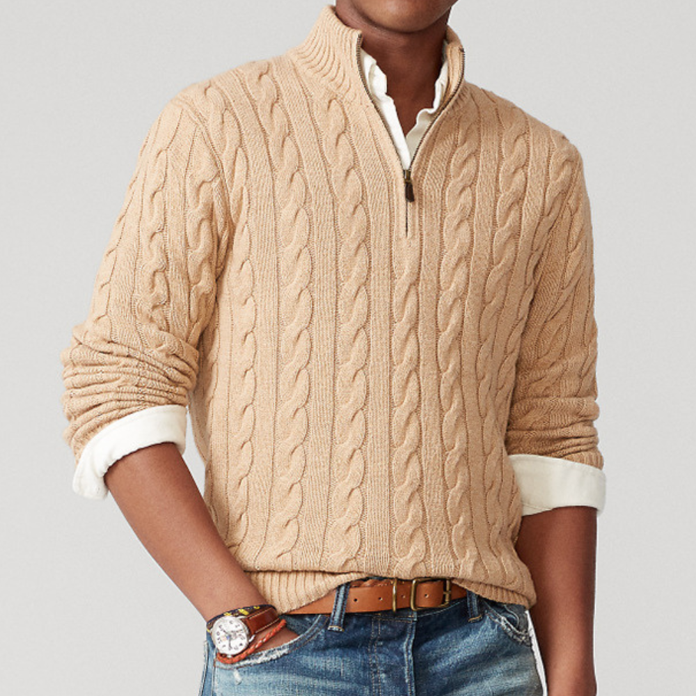 Rhys Men's Cable Knit Sweater - styled view