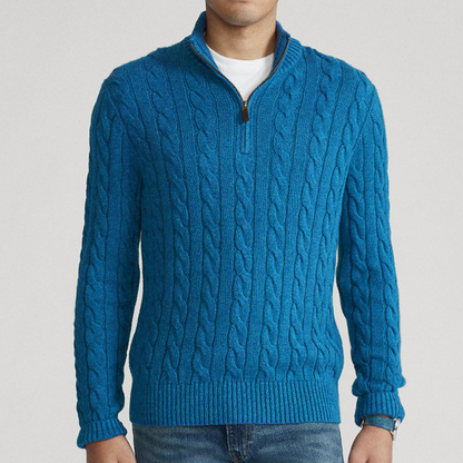 Rhys Men's Cable Knit Sweater - fabric and finish detail