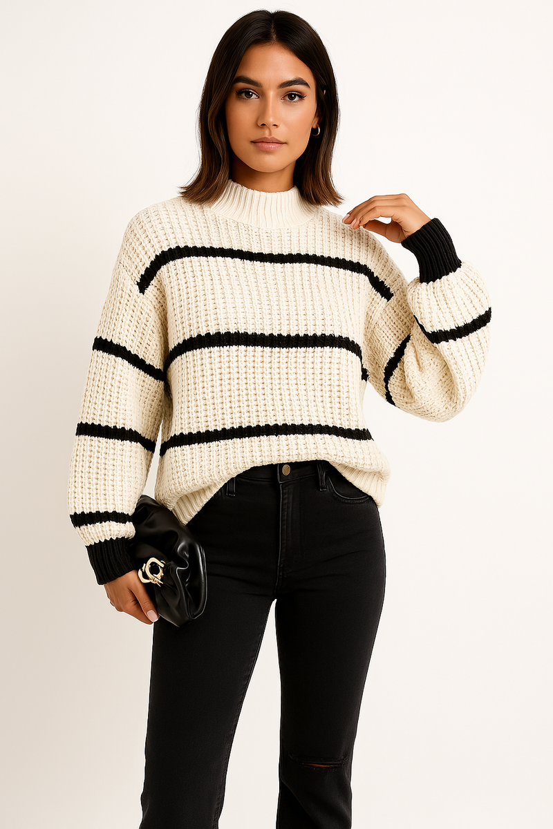Noor Women's Oversized Sweater | Striped, Crew Neck