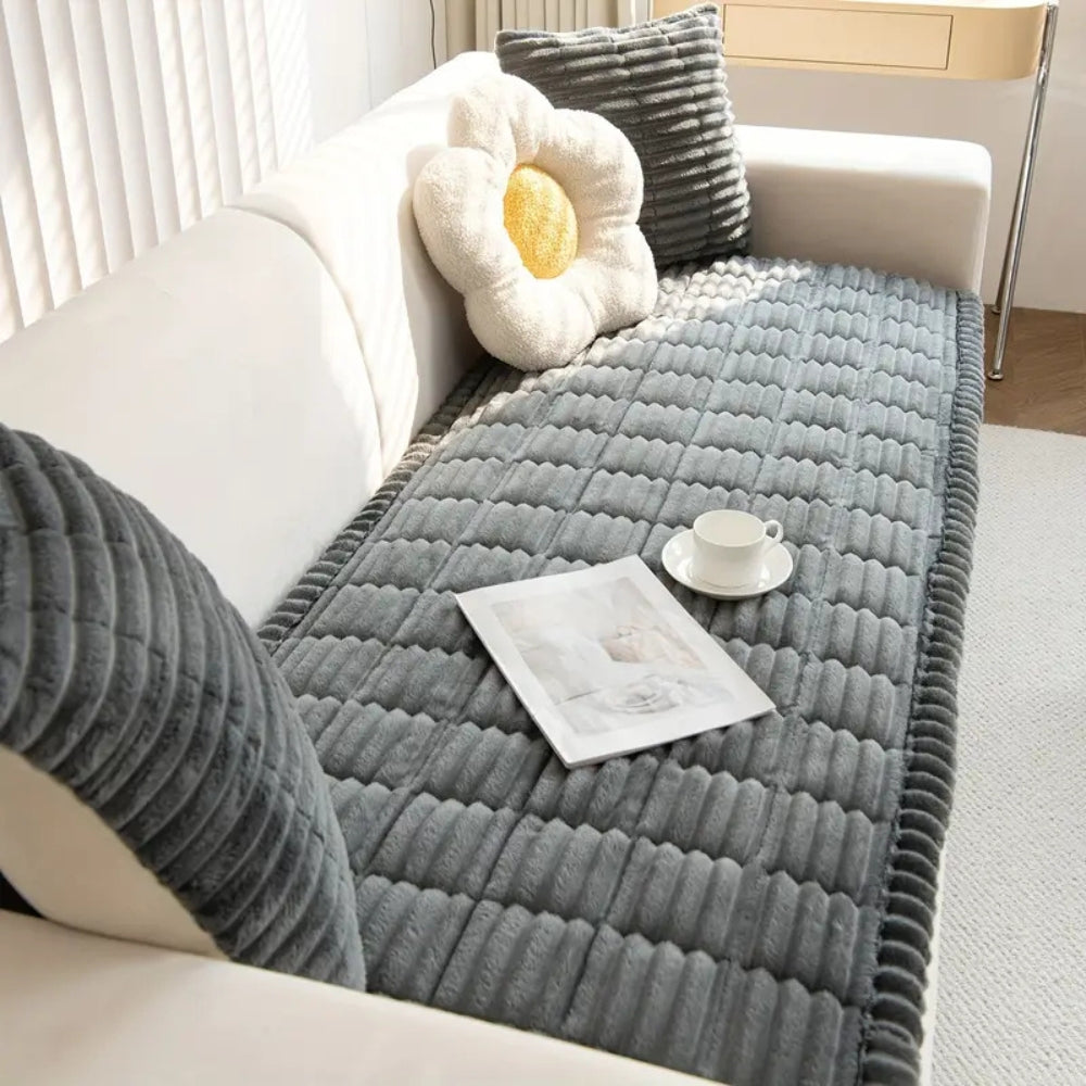 Elegant Plush Sofa Cover | Cozy Microfiber Blend with Hand-Pleated Edges | Stylish Protection for Your Living Room 0