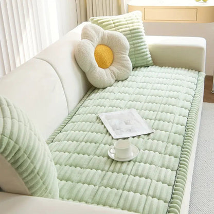 Elegant Plush Sofa Cover | Cozy Microfiber Blend with Hand-Pleated Edges | Stylish Protection for Your Living Room 1