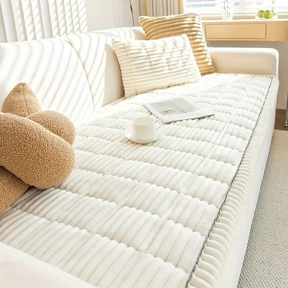Elegant Plush Sofa Cover | Cozy Microfiber Blend with Hand-Pleated Edges | Stylish Protection for Your Living Room 2