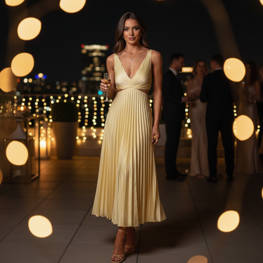 Robe Longue Femme Sadie | Col V Élégant, Jupe Plissée