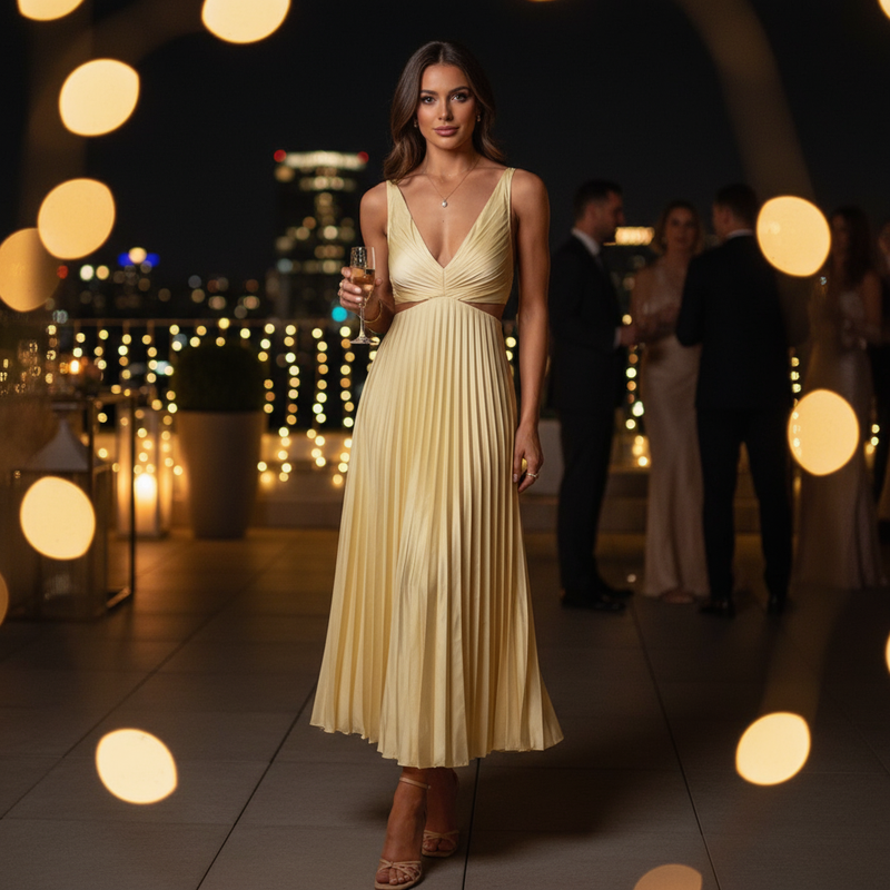 Robe Longue Femme Sadie | Col V Élégant, Jupe Plissée