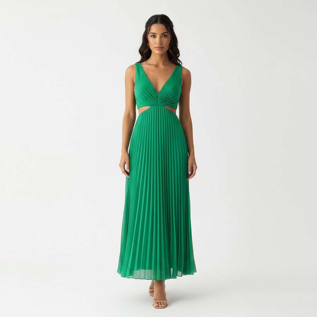 Robe Longue Femme Sadie | Col V Élégant, Jupe Plissée