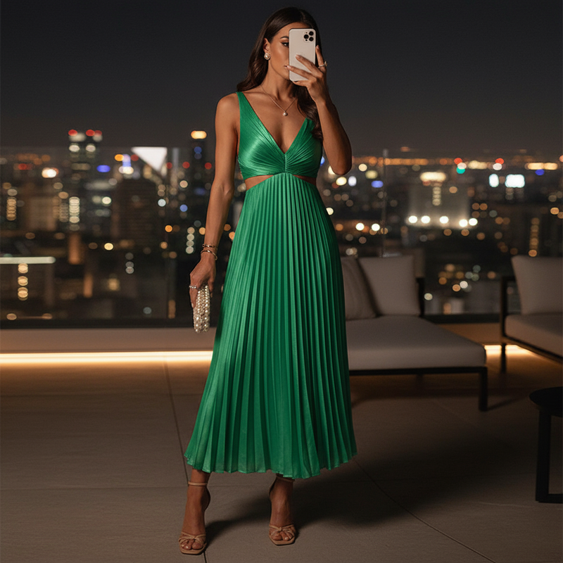 Robe Longue Femme Sadie | Col V Élégant, Jupe Plissée