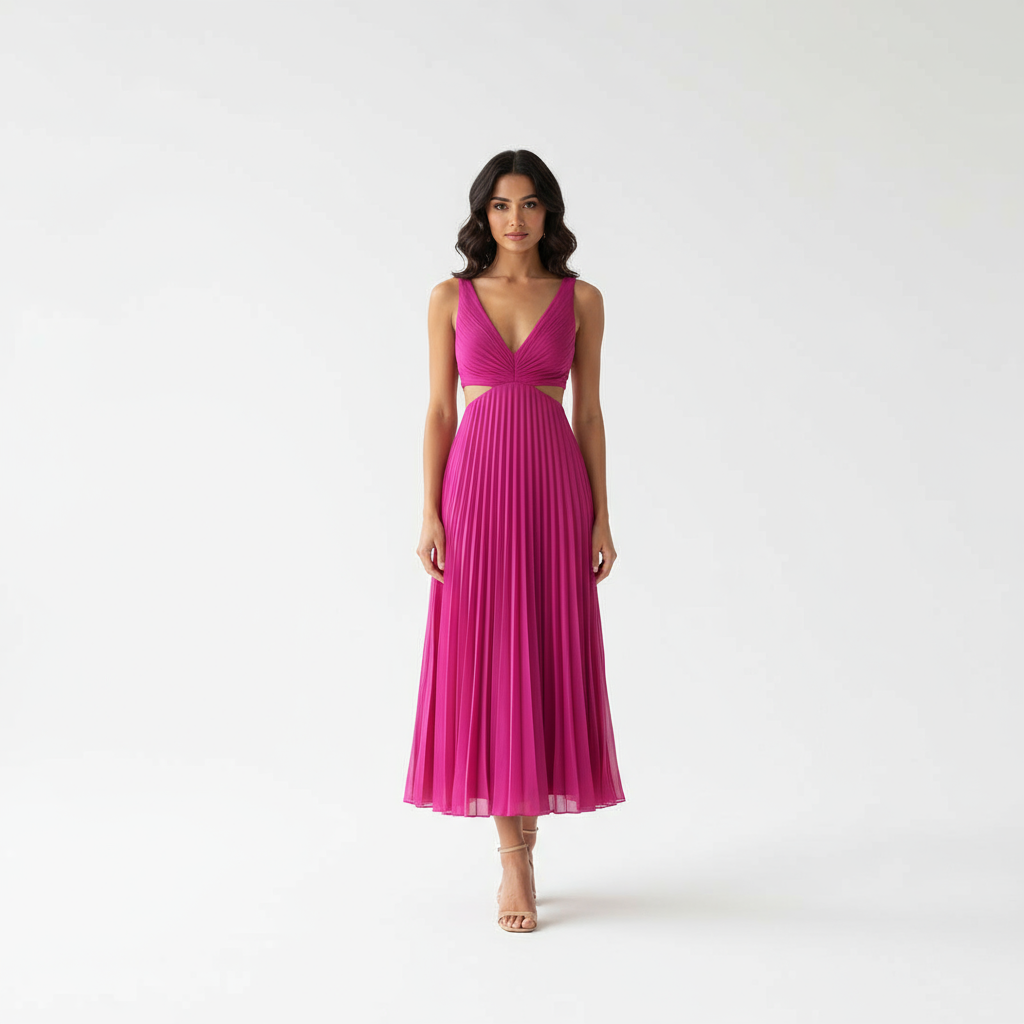 Robe Longue Femme Sadie | Col V Élégant, Jupe Plissée
