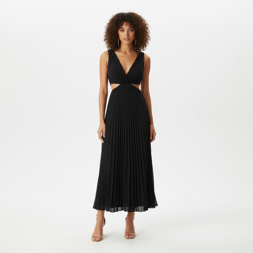 Robe Longue Femme Sadie | Col V Élégant, Jupe Plissée