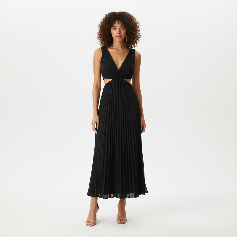 Robe Longue Femme Sadie | Col V Élégant, Jupe Plissée