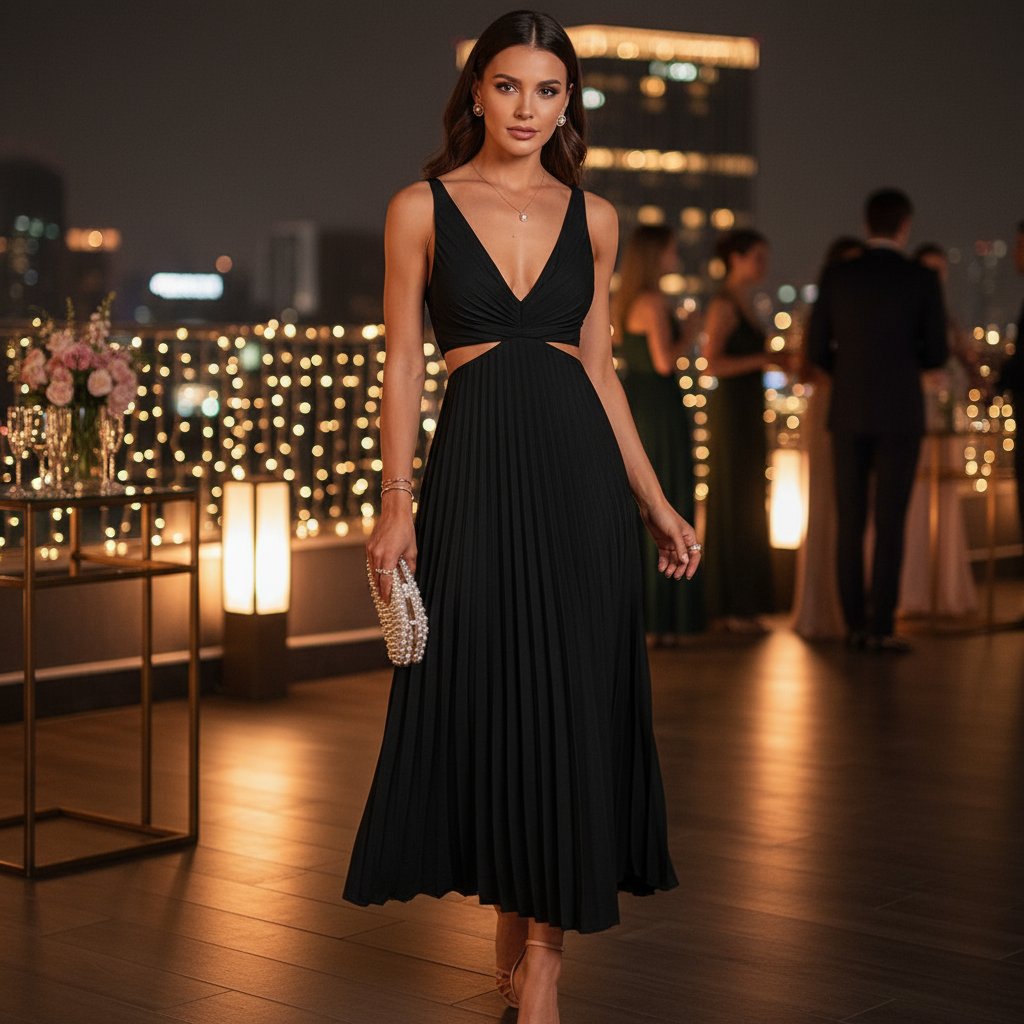 Robe Longue Femme Sadie | Col V Élégant, Jupe Plissée