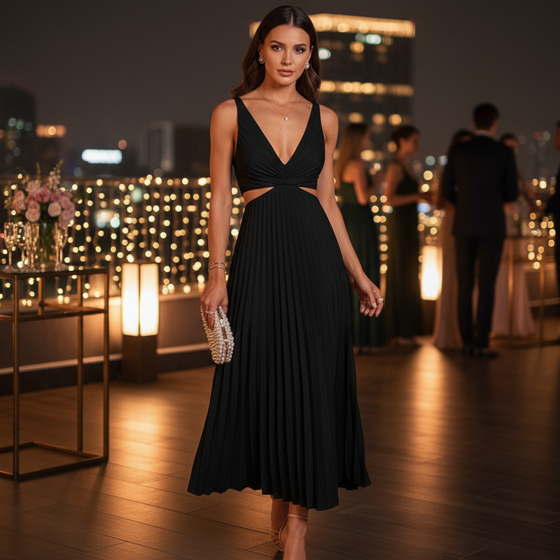 Robe Longue Femme Sadie | Col V Élégant, Jupe Plissée