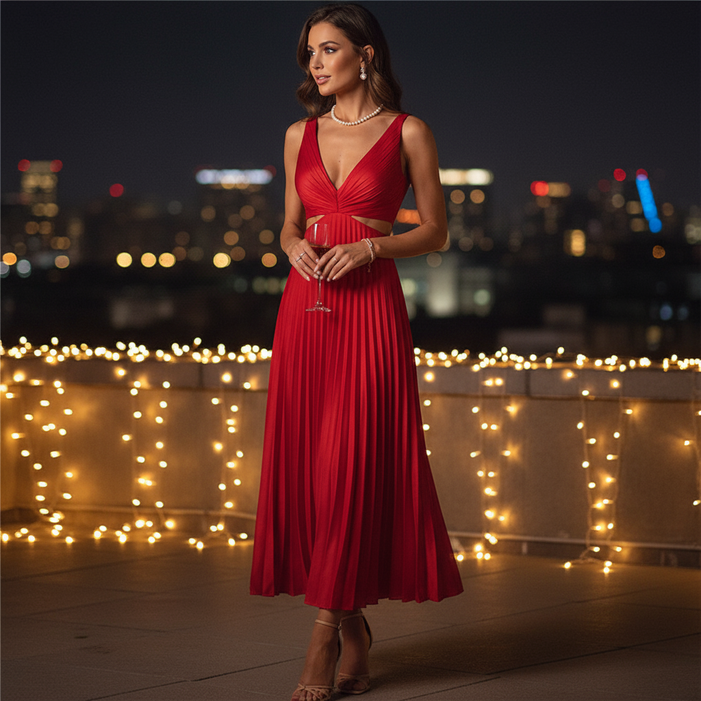 Robe Longue Femme Sadie | Col V Élégant, Jupe Plissée