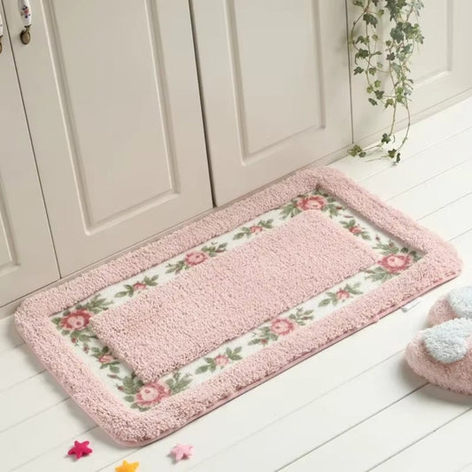 Floral Border Absorbent Bath Mat | Quick-Dry, Non-Slip Backing
