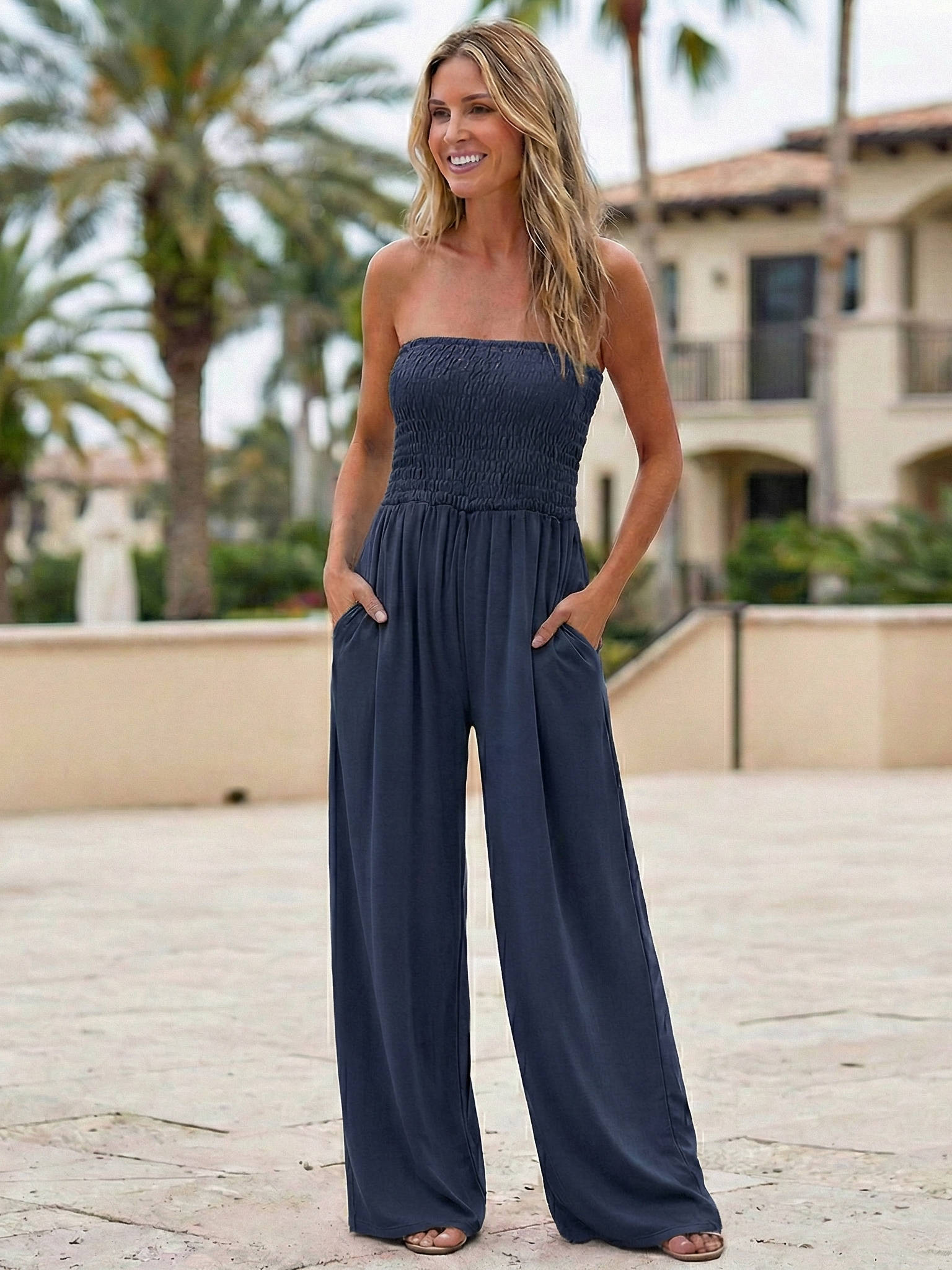 Genevieve Women's Wide Leg Jumpsuit - fabric and finish detail