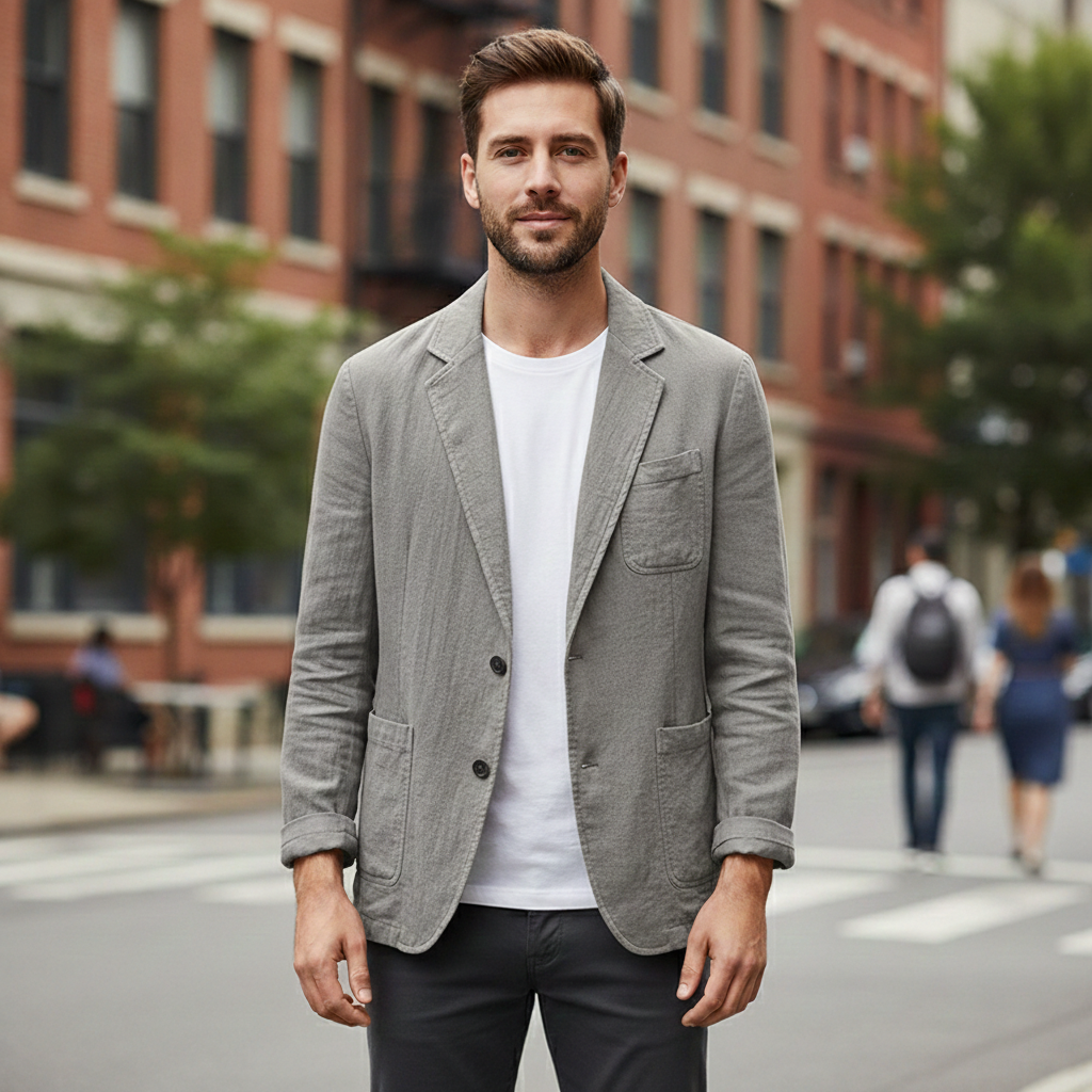 Gideon Men's Linen Blazer - fabric and finish detail