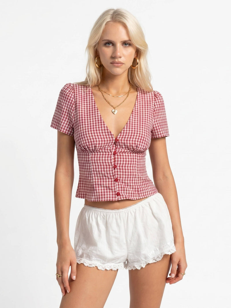 Clara Women's Plaid Blouse | Button Front, V-neck, Short Sleeve