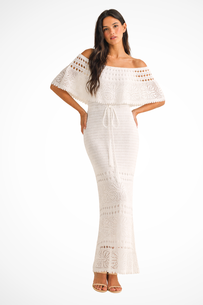 Noor Women's Crochet Maxi Dress | Tie Waist, Off Shoulder