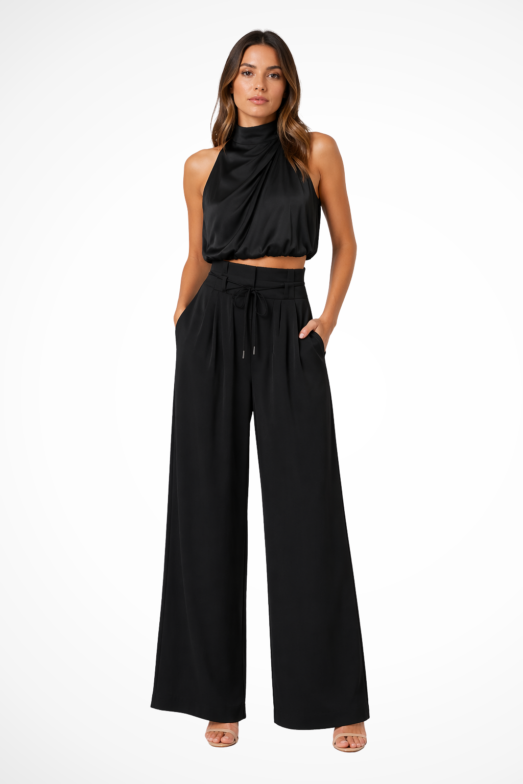 Rhea Women's Wide Leg Trousers - fabric and finish detail