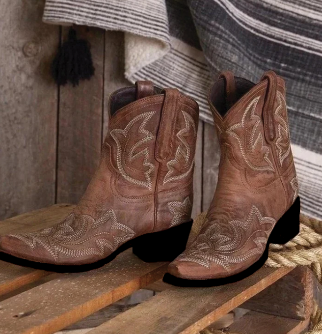 Greta Women's Block Heel Ankle Boots | Western, Embroidered