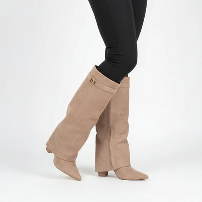 Nena Women's Knee High Boots | Wide Flare Top, Block Heel