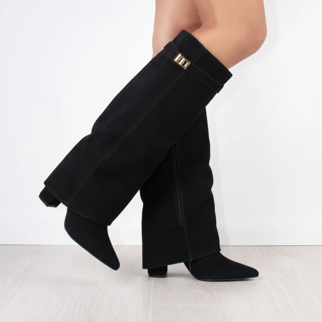 Nena Women's Knee High Boots | Wide Flare Top, Block Heel